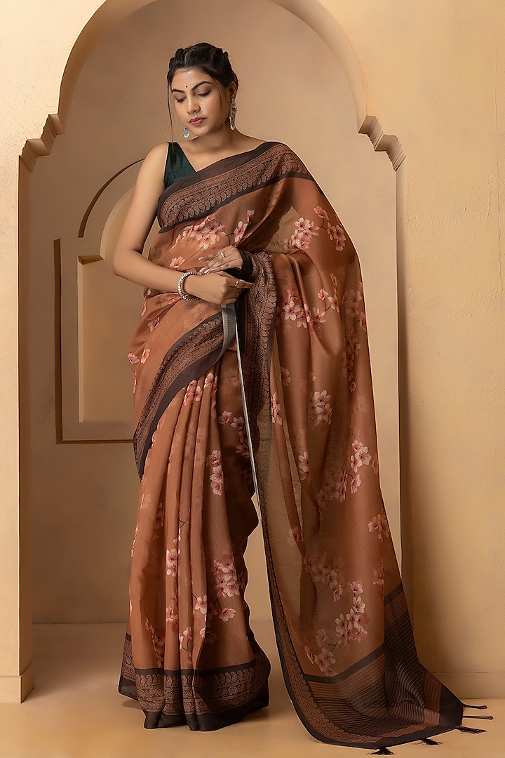 Clay Brown Pure Linen Silk Digital Printed Saree Set by Albis Jaipur