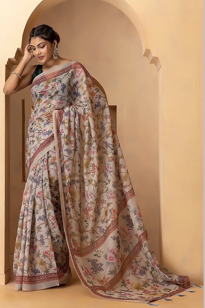 Cream Beige Linen Silk Digital Printed Saree Set by Albis Jaipur at Pernia's Pop Up Shop