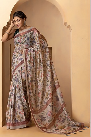 Cream Beige Linen Silk Digital Printed Saree Set by Albis Jaipur