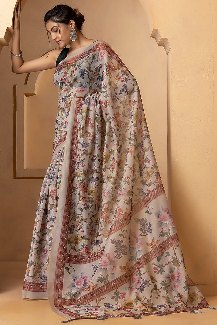 Cream Beige Linen Silk Digital Printed Festive Saree Set by Albis Jaipur at Pernia's Pop Up Shop