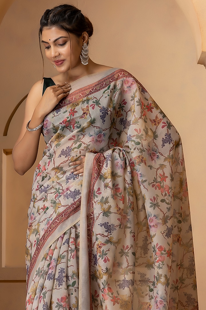Cream Beige Linen Silk Digital Printed Festive Saree Set by Albis Jaipur at Pernia's Pop Up Shop