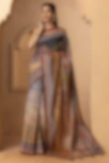 Grey & Beige Linen Silk Digital Printed Festive Saree Set by Albis Jaipur at Pernia's Pop Up Shop