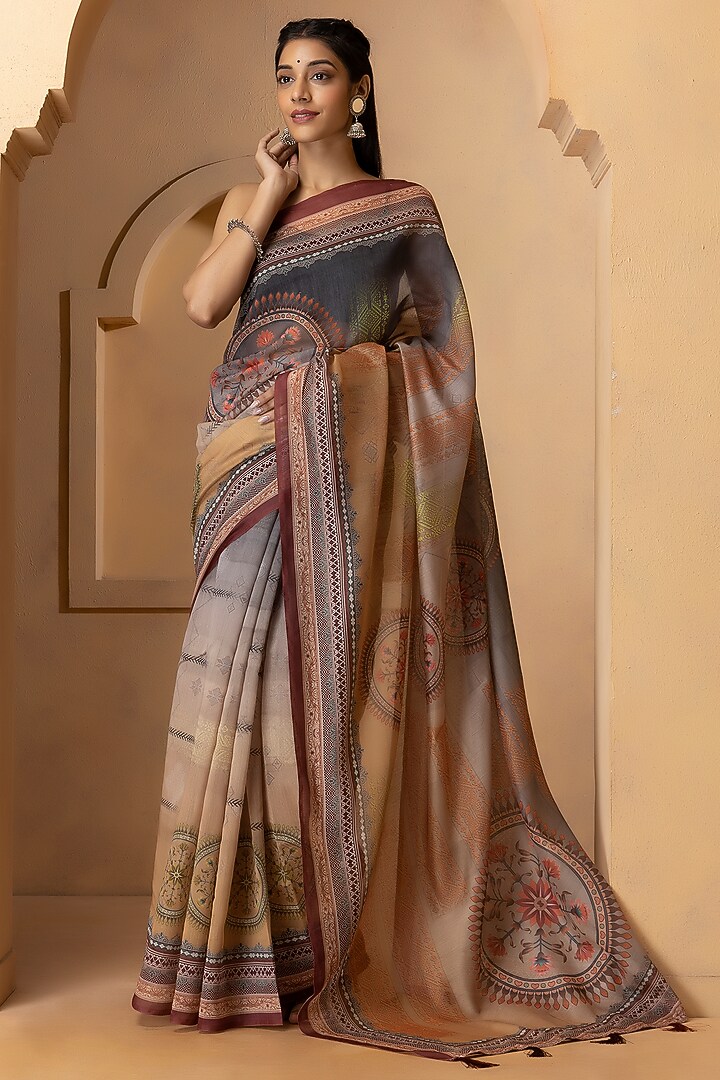 Grey & Beige Linen Silk Digital Printed Festive Saree Set by Albis Jaipur at Pernia's Pop Up Shop