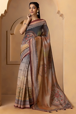 Grey & Beige Linen Silk Digital Printed Saree Set by Albis Jaipur