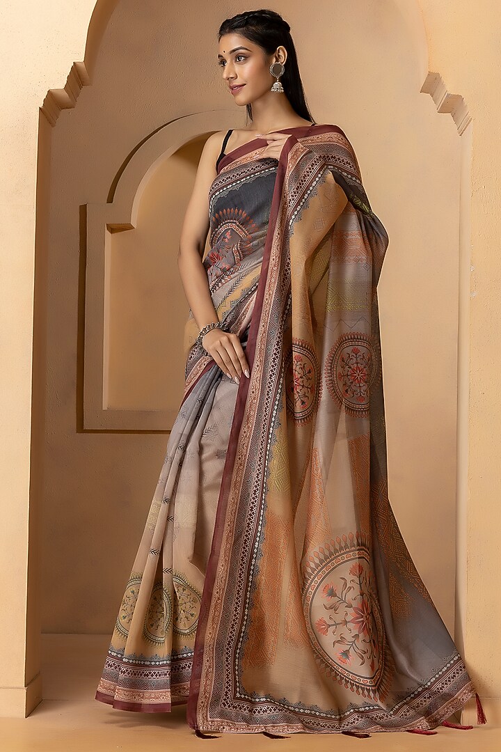 Grey & Beige Linen Silk Digital Printed Festive Saree Set by Albis Jaipur at Pernia's Pop Up Shop