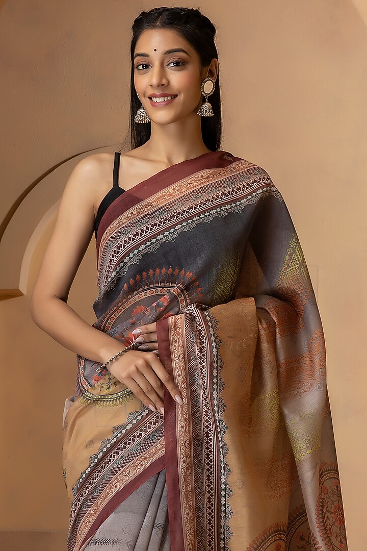 Grey & Beige Linen Silk Digital Printed Festive Saree Set by Albis Jaipur at Pernia's Pop Up Shop