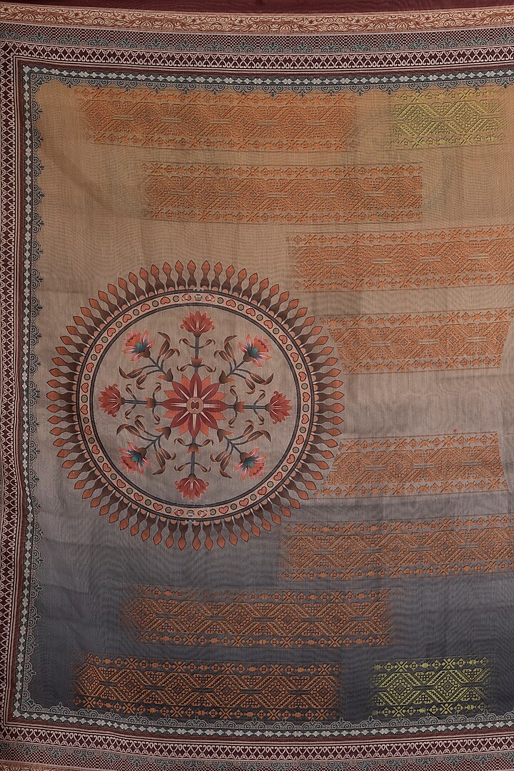 Grey & Beige Linen Silk Digital Printed Festive Saree Set by Albis Jaipur at Pernia's Pop Up Shop