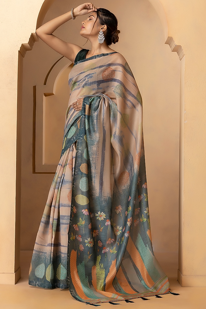 Beige & Grey Pure Linen Silk Digital Printed Festive Saree Set by Albis Jaipur at Pernia's Pop Up Shop