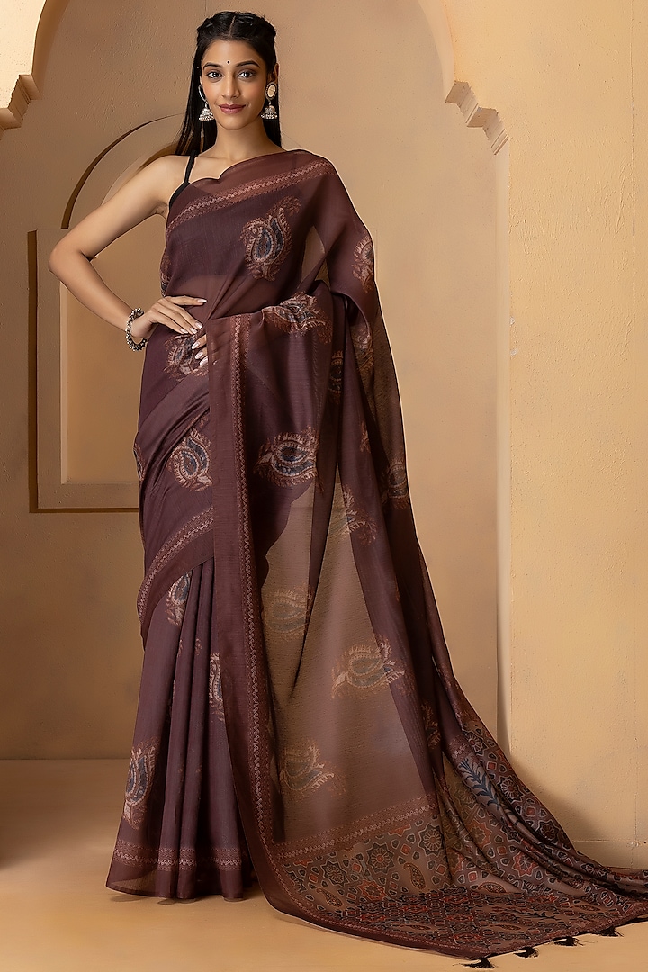 Deep Brown Linen Silk Digital Printed Saree Set by Albis Jaipur