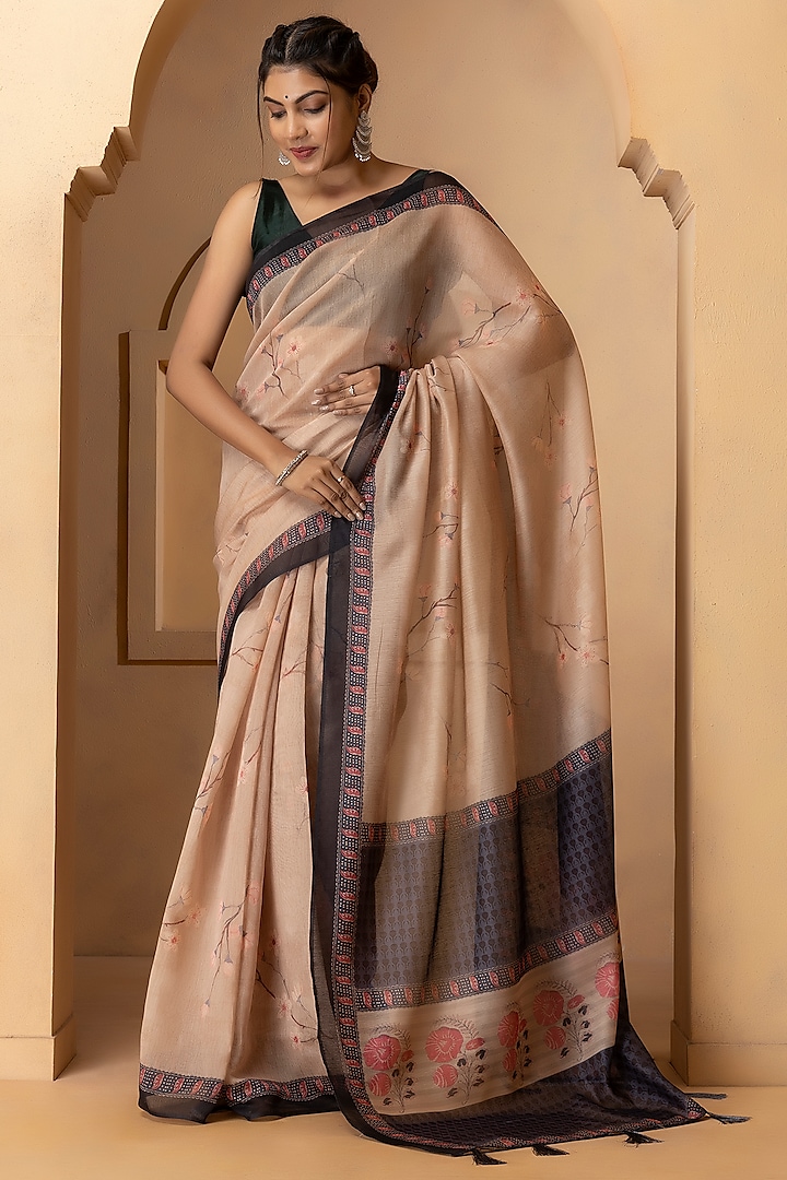 Light Beige Linen Silk Digital Printed Saree Set by Albis Jaipur