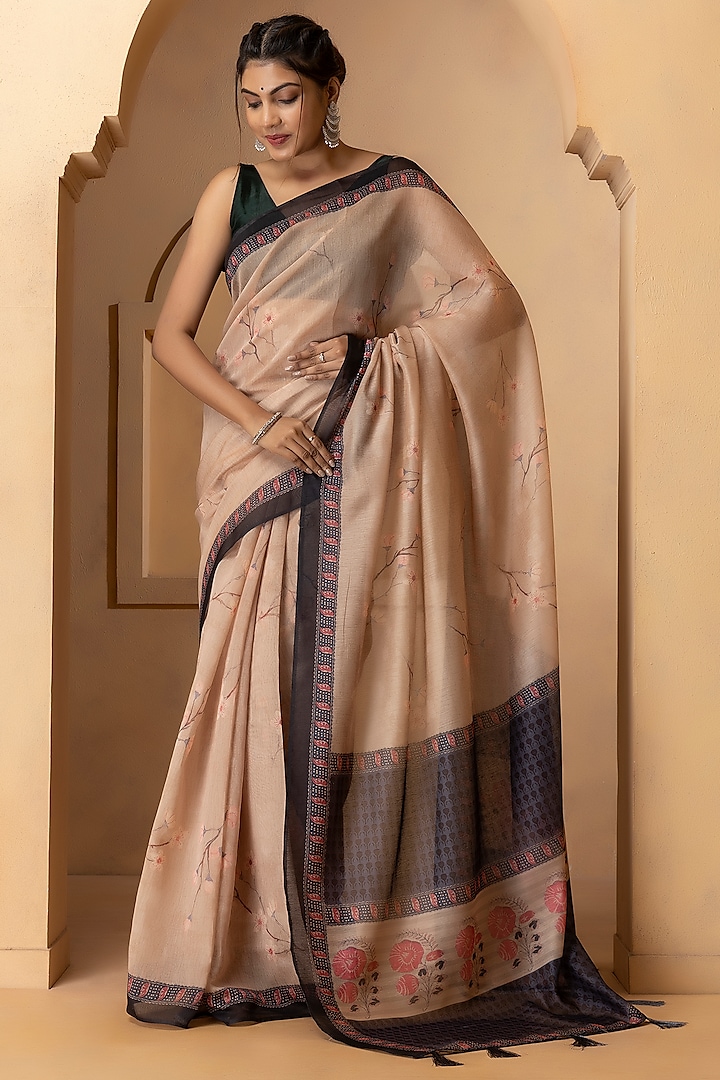 Light Beige Linen Silk Digital Printed Saree Set by Albis Jaipur at Pernia's Pop Up Shop