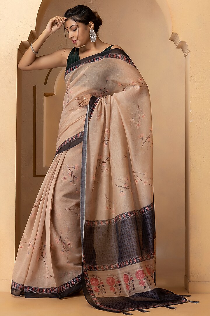 Light Beige Linen Silk Digital Printed Festive Saree Set by Albis Jaipur at Pernia's Pop Up Shop