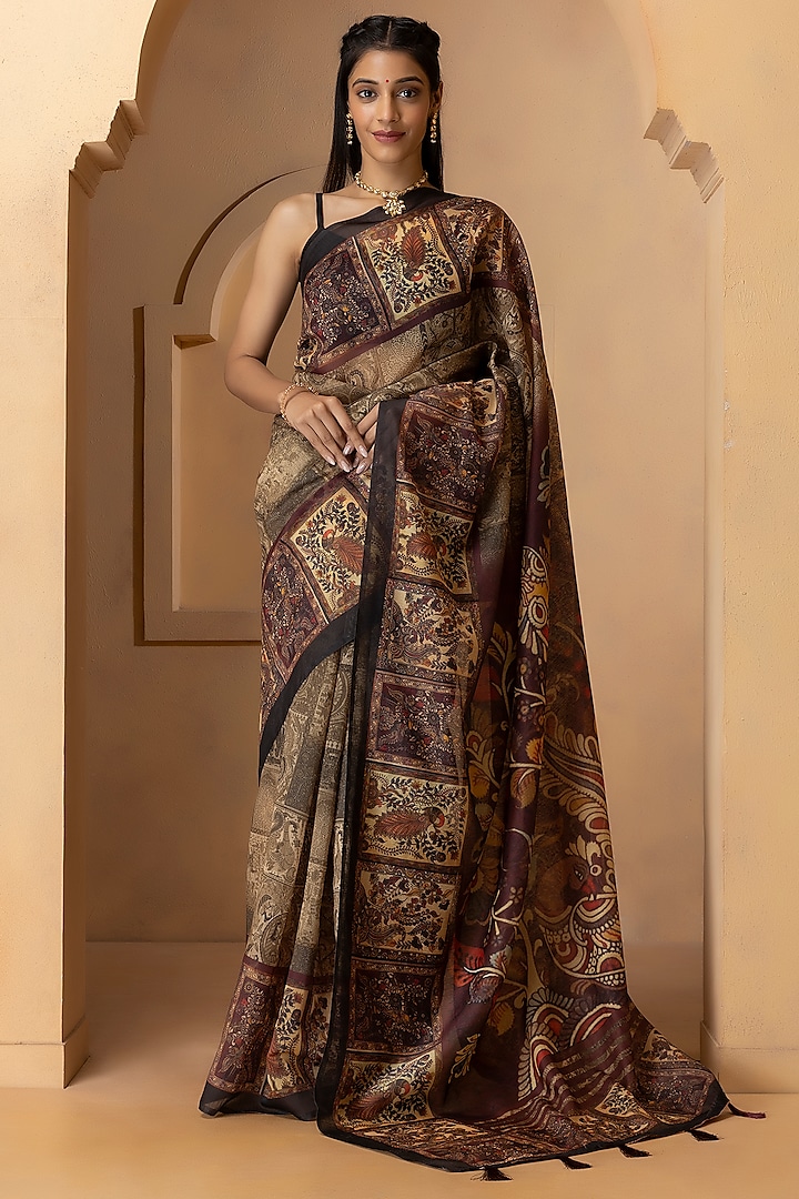 Brown Pure Linen Silk Digital Printed Saree Set by Albis Jaipur