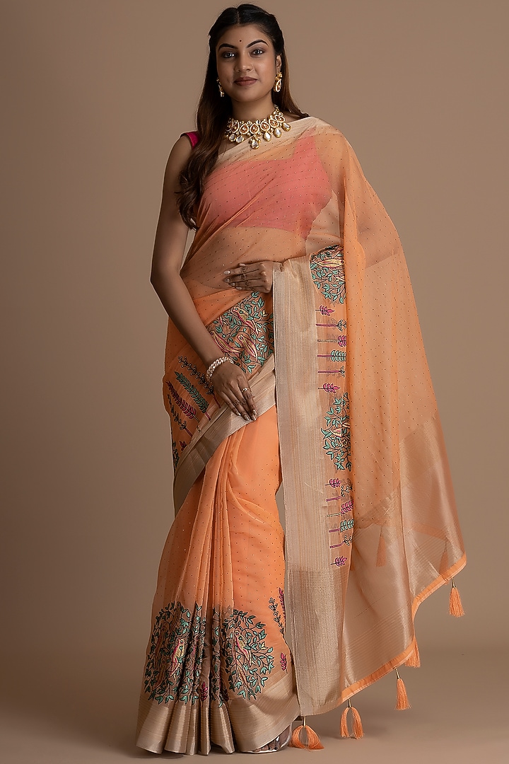 Melon Orange Organza Embroidered Festive Saree Set by Albis Jaipur at Pernia's Pop Up Shop