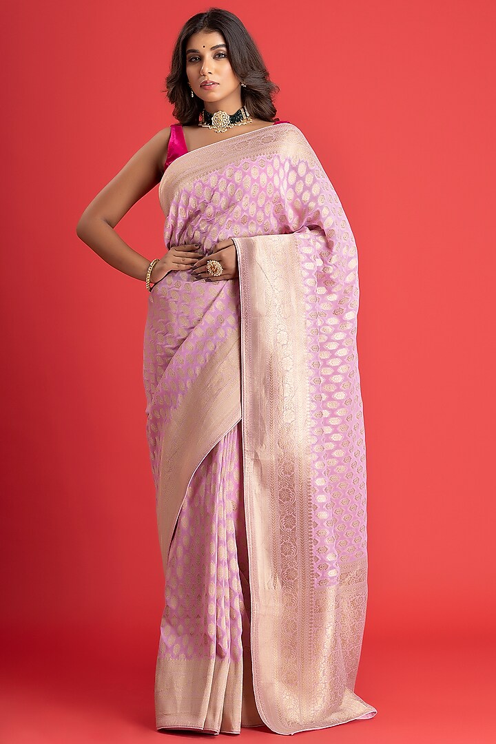 Powder Pink Khaddi Georgette Banarasi Embroidered Saree Set by Albis Jaipur