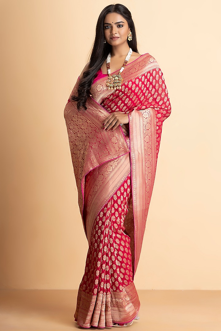 Magenta Pink Khaddi Georgette Banarasi Embroidered Saree Set by Albis Jaipur