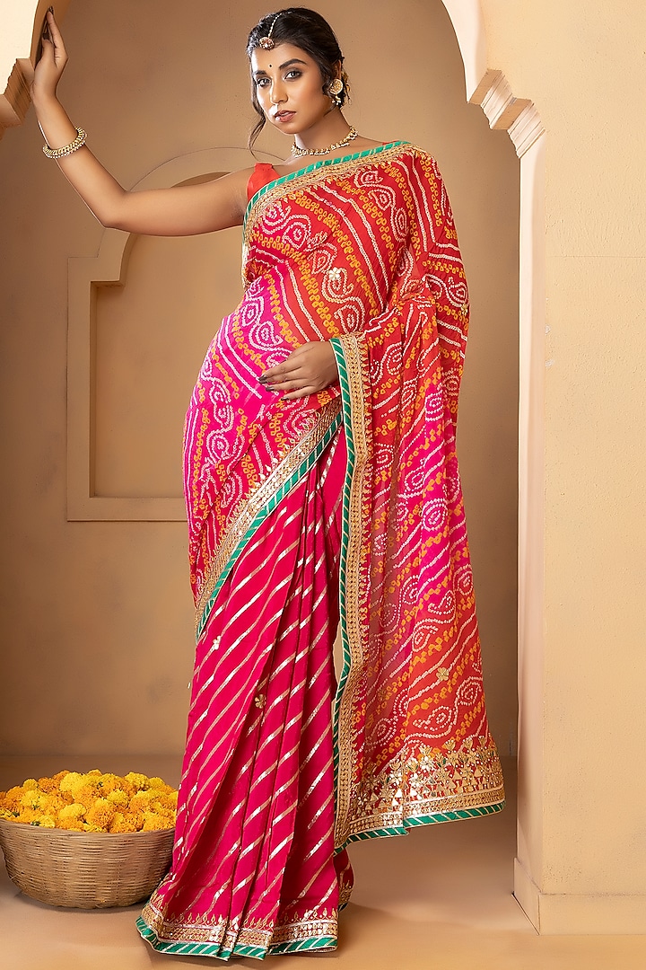 Multi- Colored Munga Silk Embroidered Saree Set by Albis Jaipur