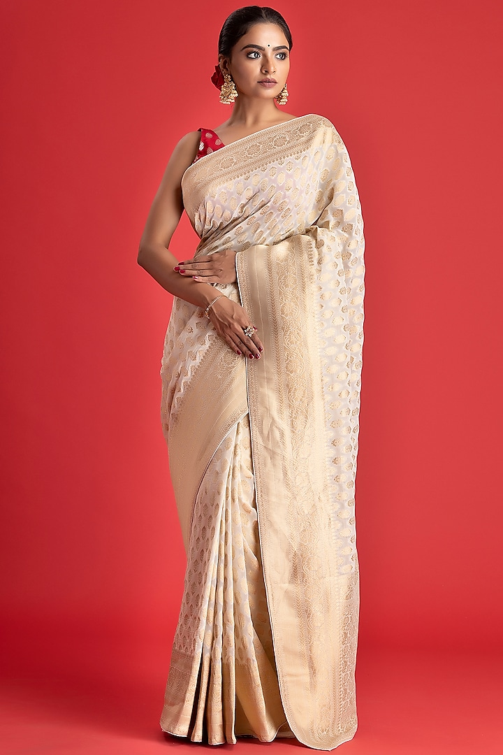 Off-White Khaddi Georgette Banarasi Embroidered Saree Set by Albis Jaipur