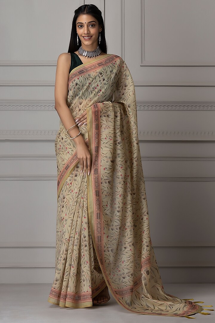 Light Beige Pure Linen Silk Printed Saree Set by Albis Jaipur at Pernia's Pop Up Shop