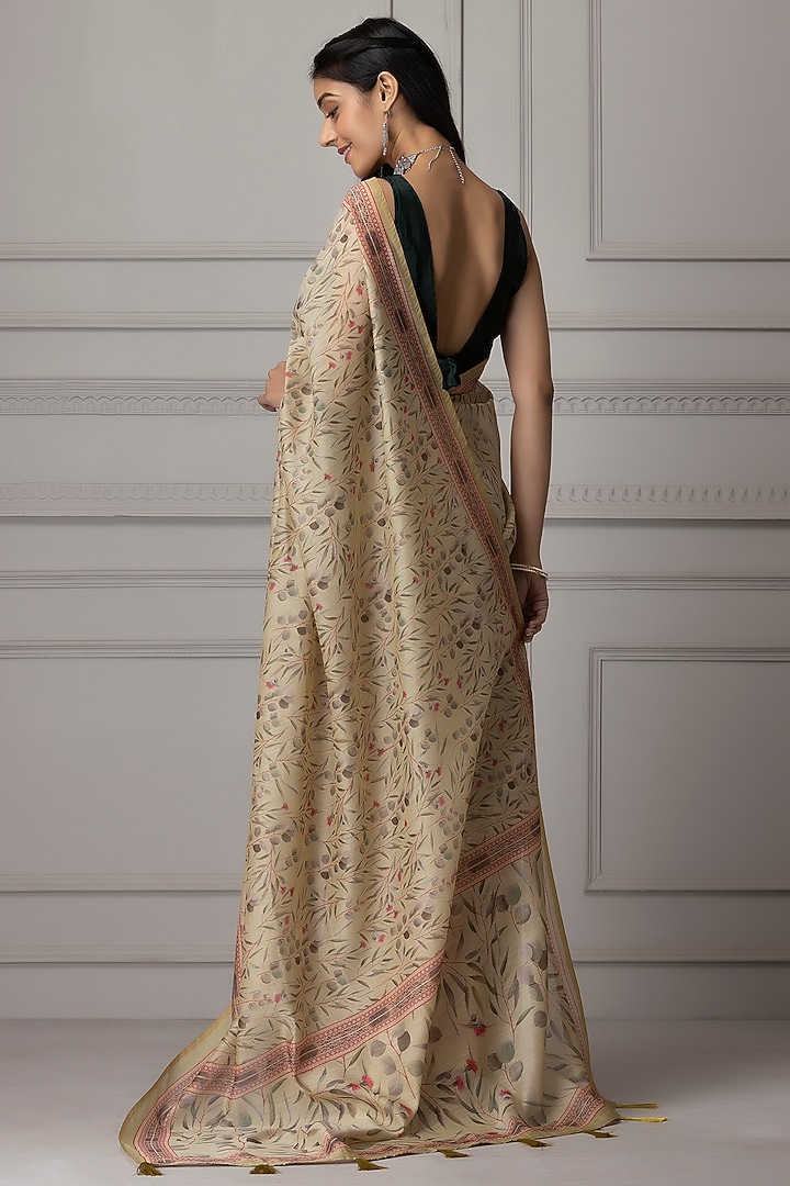Light Beige Pure Linen Silk Printed Festive Saree Set by Albis Jaipur at Pernia's Pop Up Shop