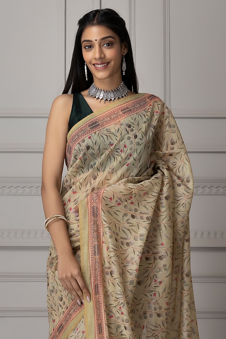 Light Beige Pure Linen Silk Printed Festive Saree Set by Albis Jaipur at Pernia's Pop Up Shop