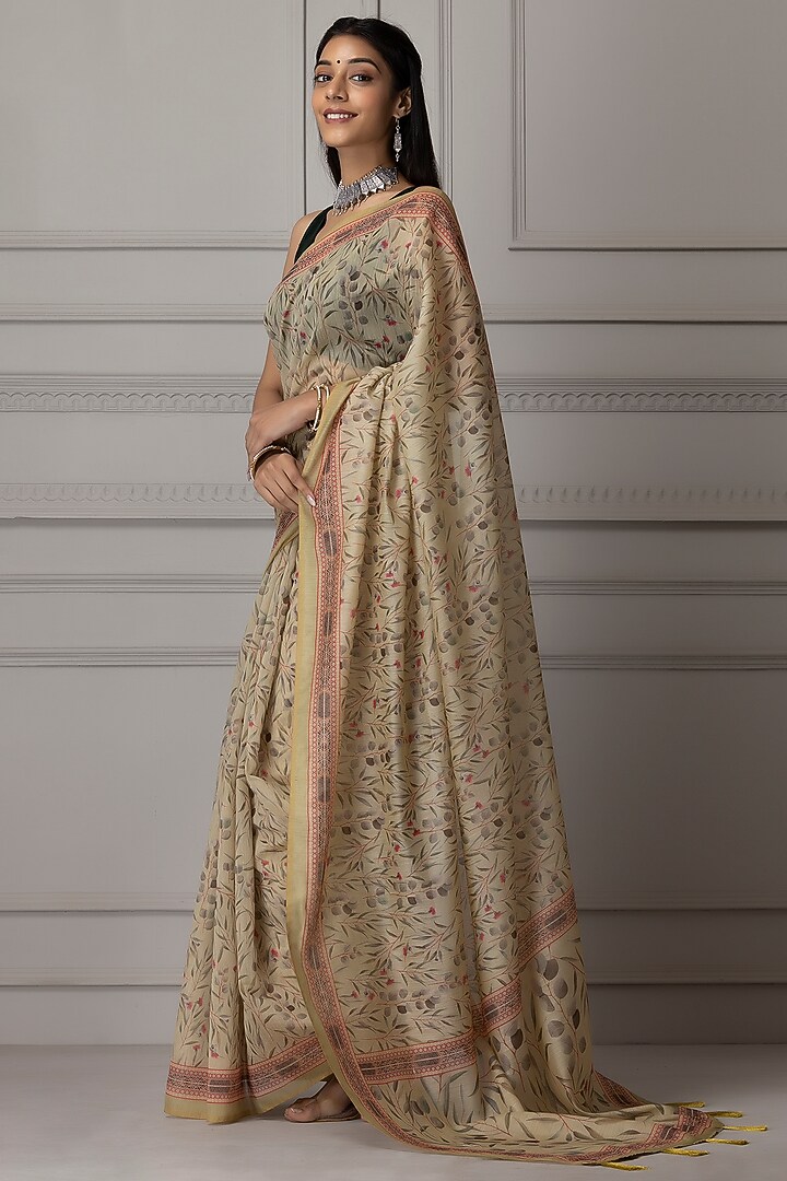 Light Beige Pure Linen Silk Printed Festive Saree Set by Albis Jaipur at Pernia's Pop Up Shop