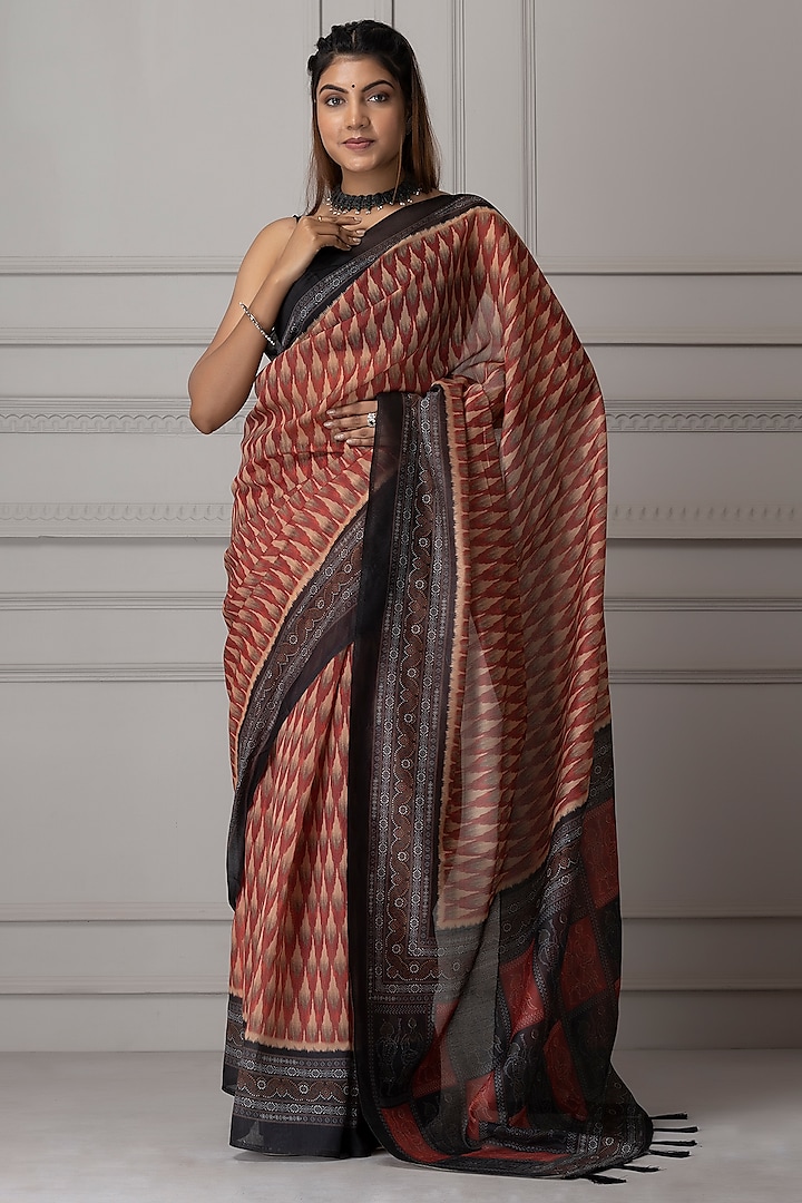 Maroon & Black Pure Linen Silk Printed Saree Set by Albis Jaipur at Pernia's Pop Up Shop