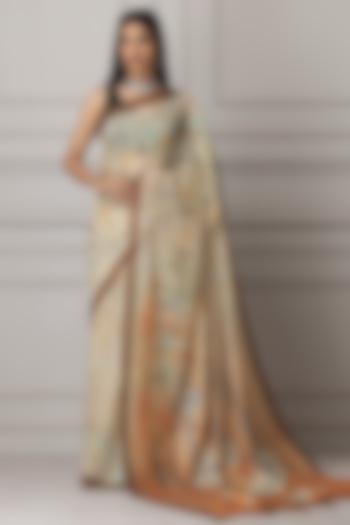 Light Cream & Peach Pure Linen Silk Printed Saree Set by Albis Jaipur at Pernia's Pop Up Shop