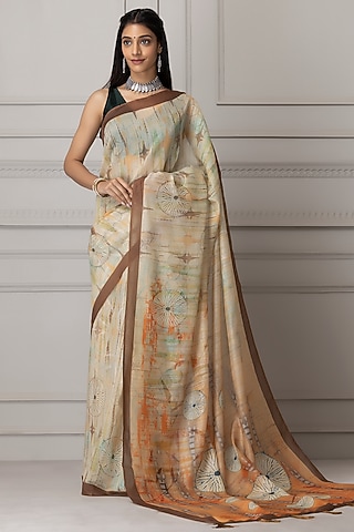 Light Cream & Peach Pure Linen Silk Printed Saree Set by Albis Jaipur