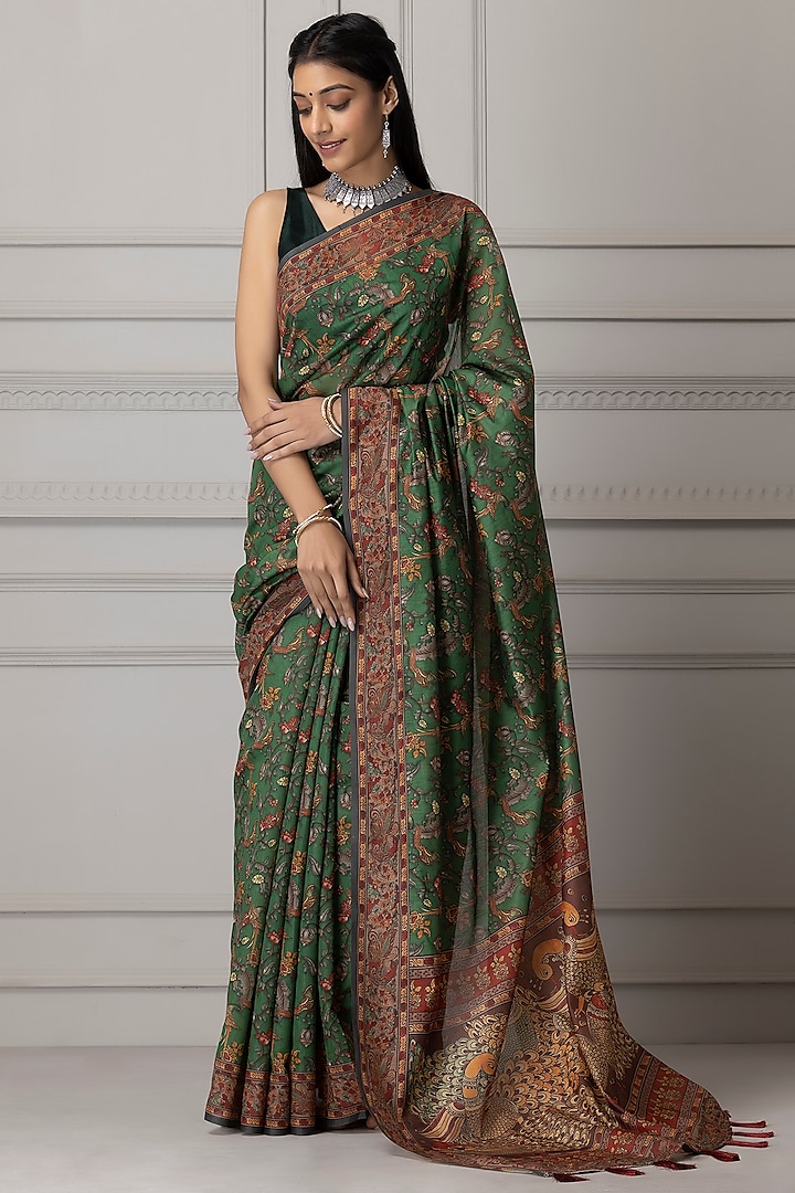 Green & Maroon Pure Linen Silk Printed Saree Set by Albis Jaipur at Pernia's Pop Up Shop