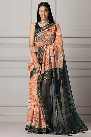 Peach & Teal Blue Pure Linen Silk Printed Saree Set by Albis Jaipur