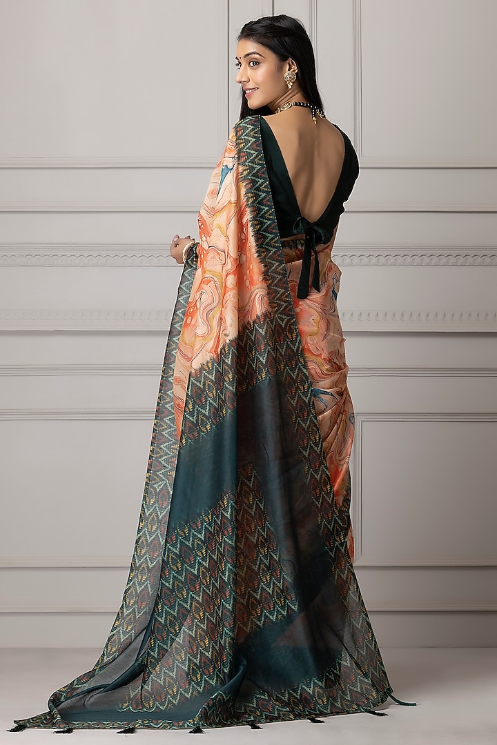 Peach & Teal Blue Pure Linen Silk Printed Festive Saree Set by Albis Jaipur at Pernia's Pop Up Shop