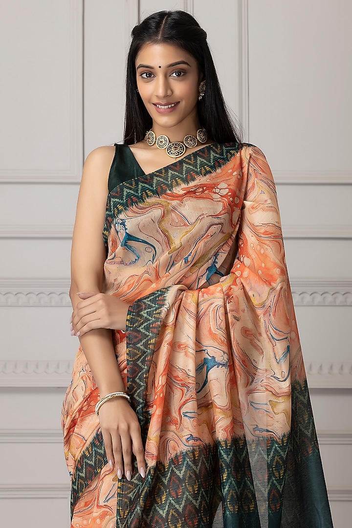 Peach & Teal Blue Pure Linen Silk Printed Festive Saree Set by Albis Jaipur at Pernia's Pop Up Shop