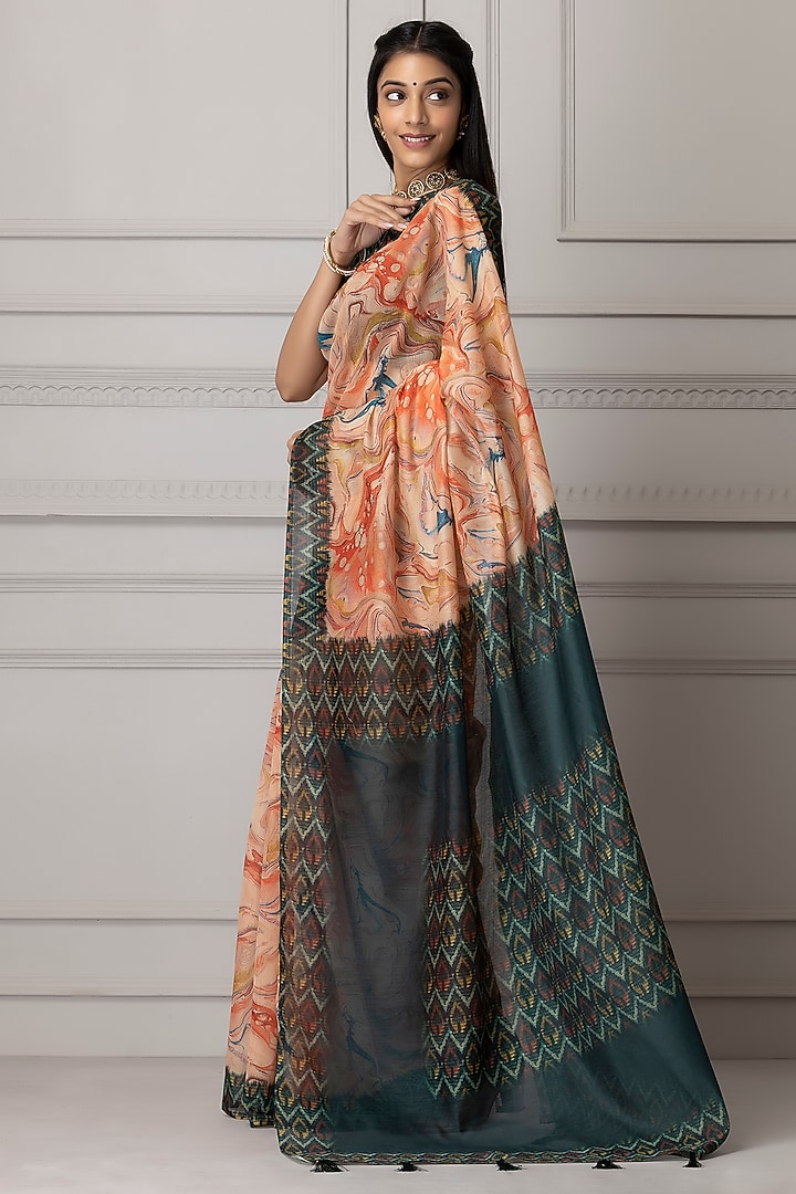 Peach & Teal Blue Pure Linen Silk Printed Festive Saree Set by Albis Jaipur at Pernia's Pop Up Shop