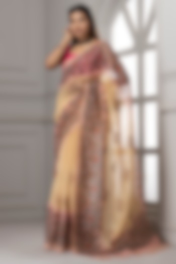 Pastel Beige Linen Printed & Embroidered Saree Set by Albis Jaipur at Pernia's Pop Up Shop