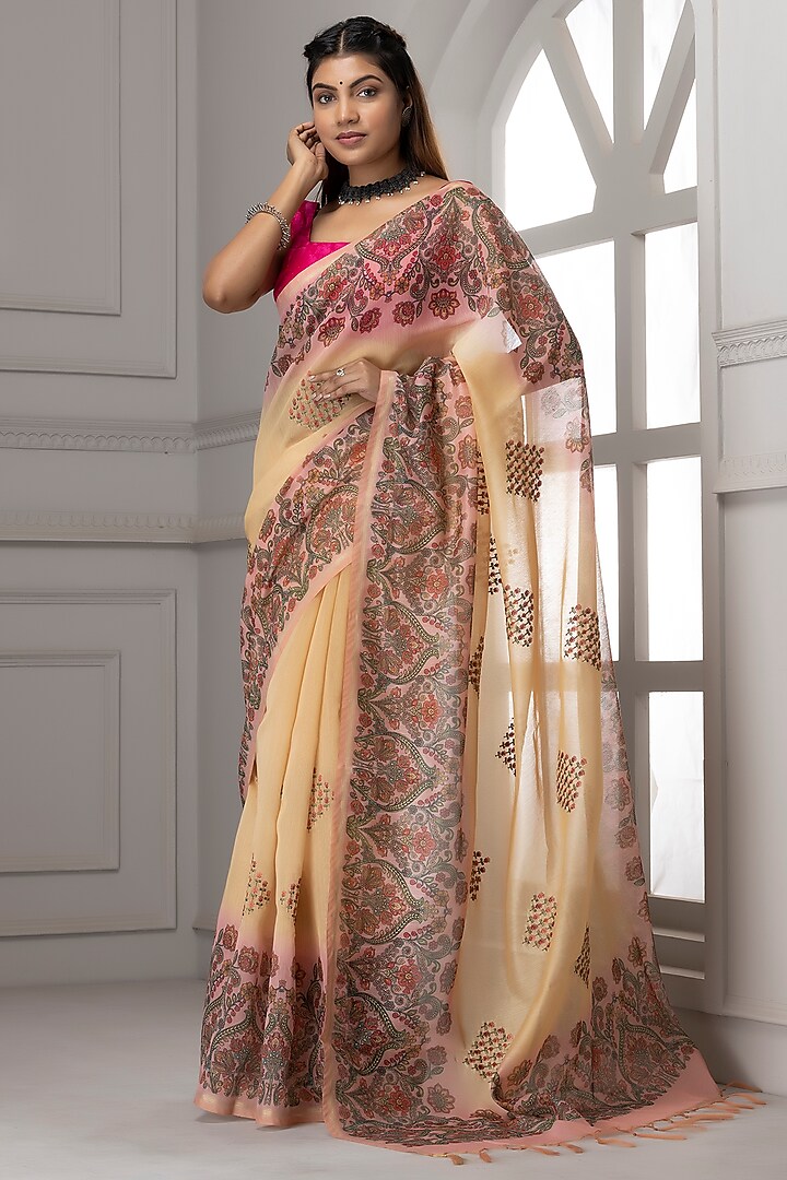 Pastel Beige Linen Printed & Embroidered Saree Set by Albis Jaipur at Pernia's Pop Up Shop