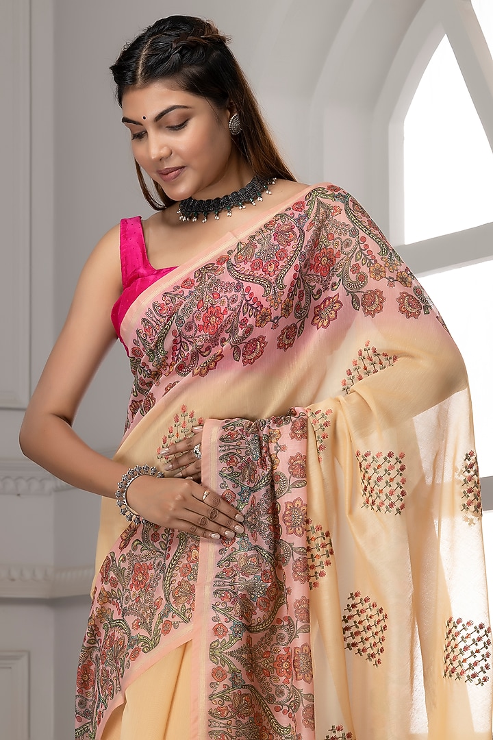 Pastel Beige Linen Printed & Embroidered Festive Saree Set by Albis Jaipur at Pernia's Pop Up Shop