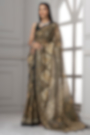 Dark Grey Pure Linen Silk Printed Saree Set by Albis Jaipur