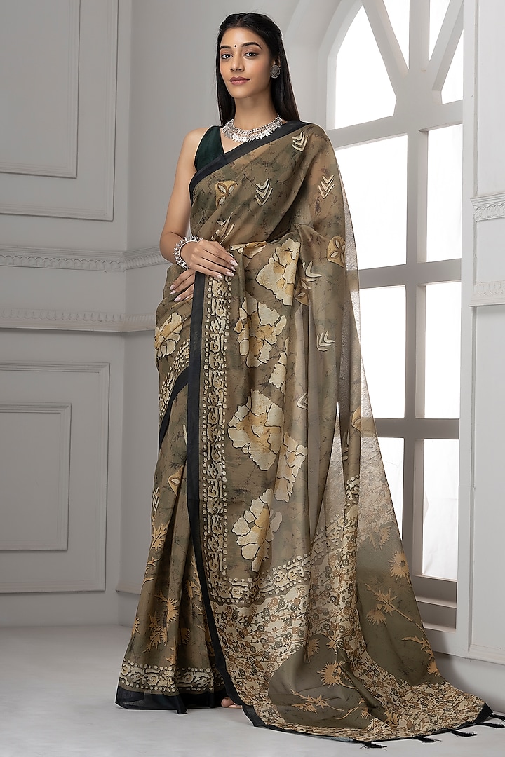 Dark Grey Pure Linen Silk Printed Saree Set by Albis Jaipur