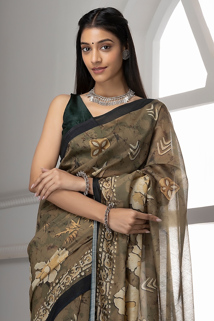 Dark Grey Pure Linen Silk Printed Festive Saree Set by Albis Jaipur at Pernia's Pop Up Shop