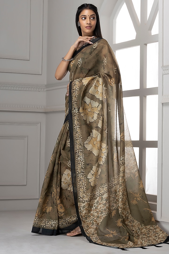 Dark Grey Pure Linen Silk Printed Festive Saree Set by Albis Jaipur at Pernia's Pop Up Shop