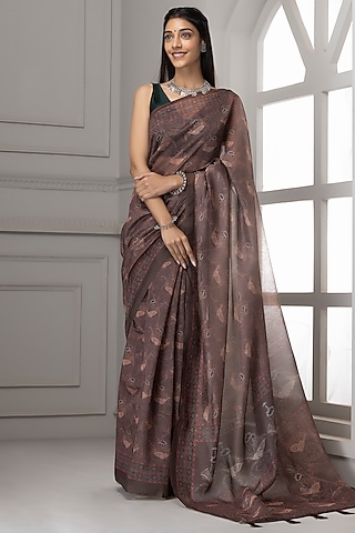 Light Brown Pure Linen Silk Printed Saree Set by Albis Jaipur