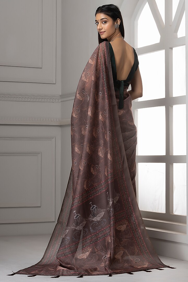 Light Brown Pure Linen Silk Printed Festive Saree Set by Albis Jaipur at Pernia's Pop Up Shop