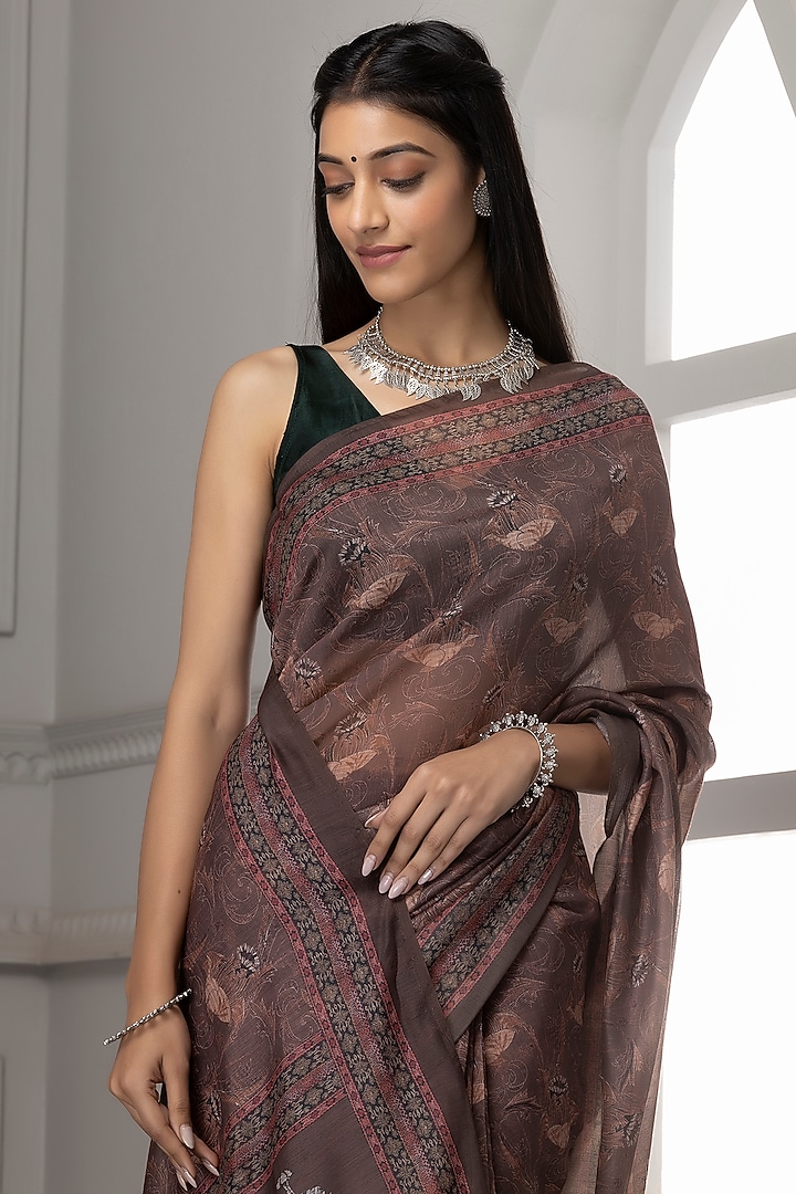 Light Brown Pure Linen Silk Printed Festive Saree Set by Albis Jaipur at Pernia's Pop Up Shop