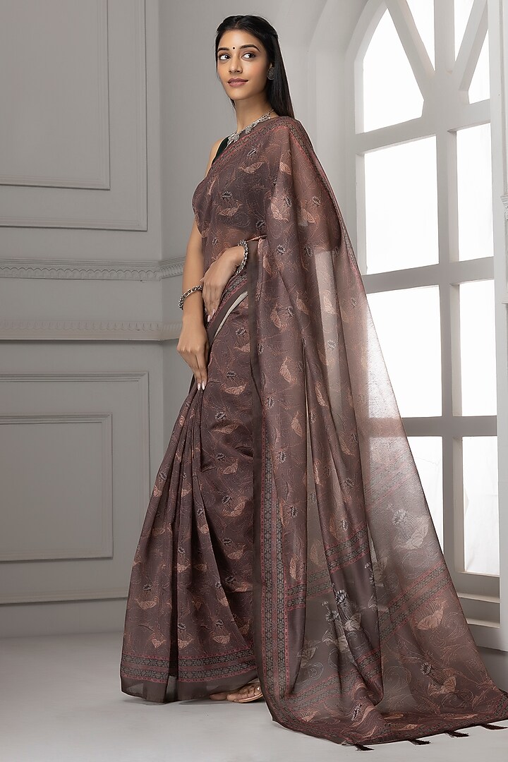 Light Brown Pure Linen Silk Printed Festive Saree Set by Albis Jaipur at Pernia's Pop Up Shop
