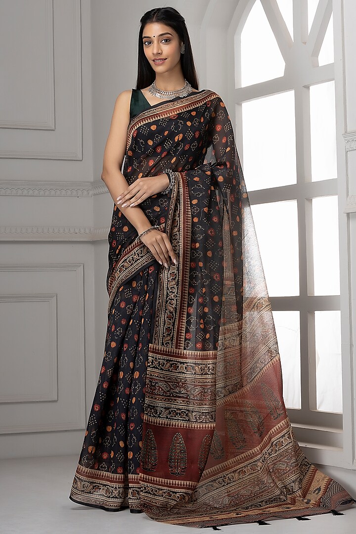 Black Linen Silk Printed Saree Set by Albis Jaipur
