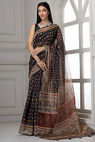 Black Linen Silk Printed Saree Set by Albis Jaipur