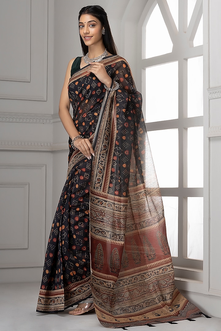 Black Linen Silk Printed Festive Saree Set by Albis Jaipur at Pernia's Pop Up Shop