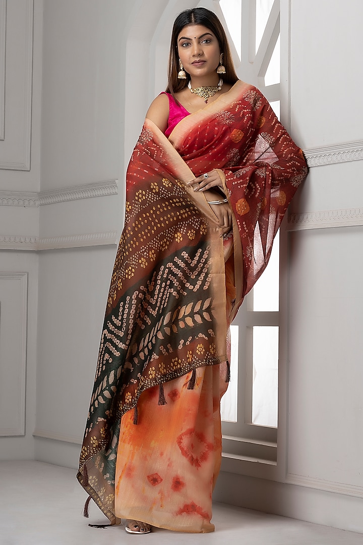 Red & Orange Pure Linen Silk Printed Saree Set by Albis Jaipur at Pernia's Pop Up Shop