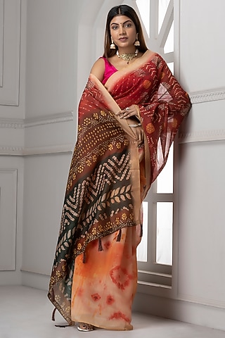 Red & Orange Pure Linen Silk Printed Saree Set by Albis Jaipur